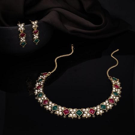 Choker Set with Multi Color Studded Stones With Earring