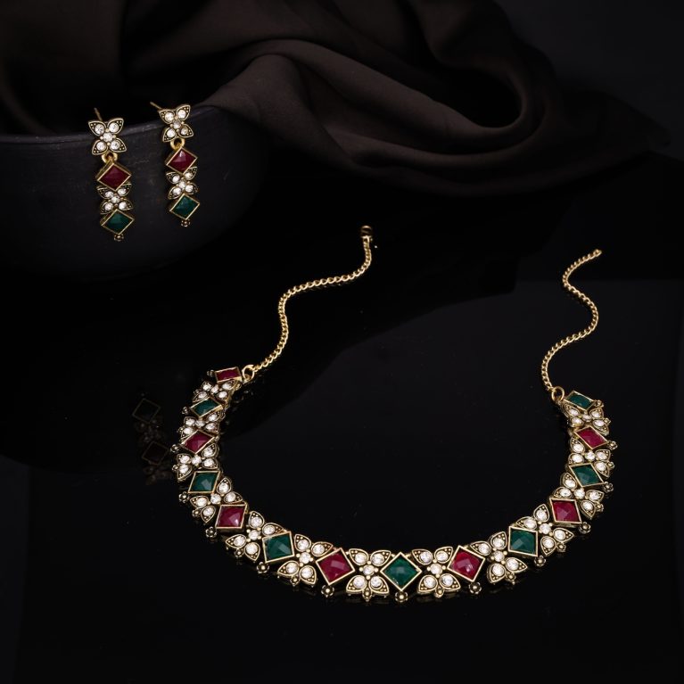 Choker Set with Multi Color Studded Stones With Earring