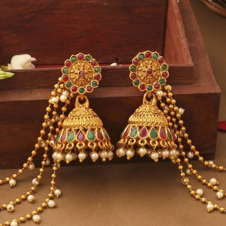 Multicolour jhumkas with attached ear chain