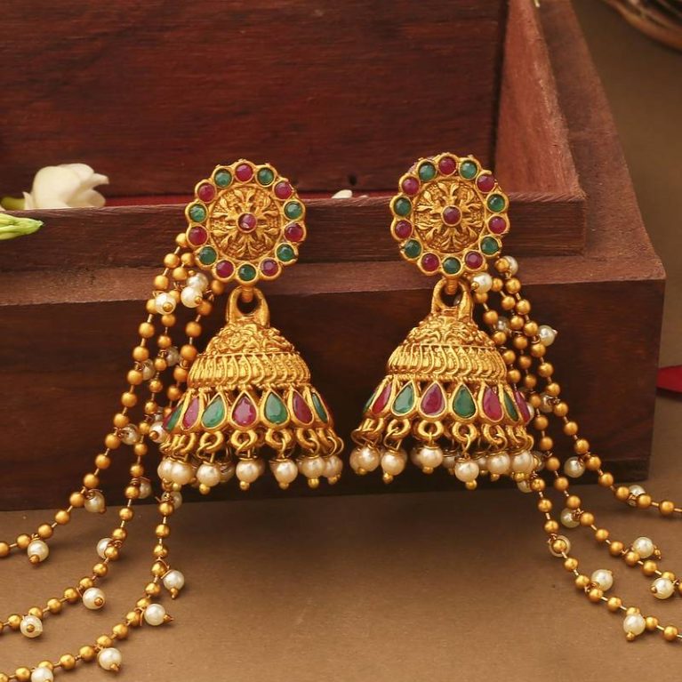 Multicolour jhumkas with attached ear chain