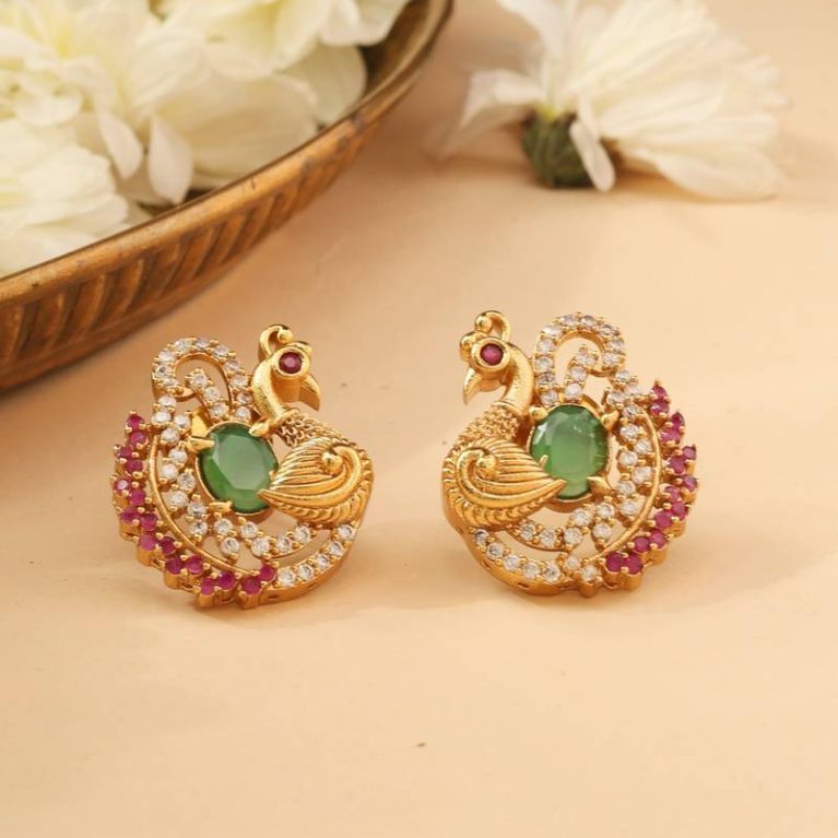 Gold studs with american diamonds and multicolor stones