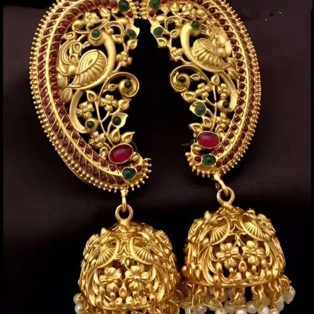 gold peacock temple jhumka earrings