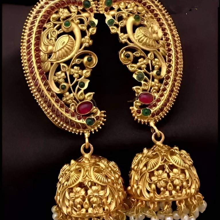 gold peacock temple jhumka earrings