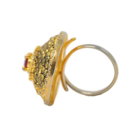 White & Red Stone Golden Oxidised Ring